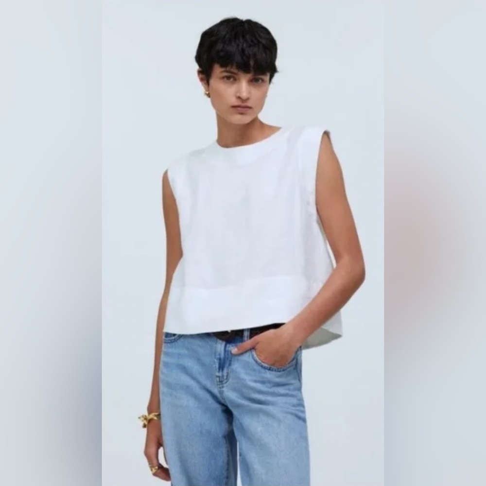 Madewell - 100% Linen White High Neck Sleeveless Top with Button Back - Size S